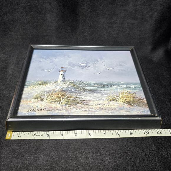 Original Oil Painting Beach Lighthouse Signed Gordon 8' x 10' Wooden Art - Picture 11 of 12